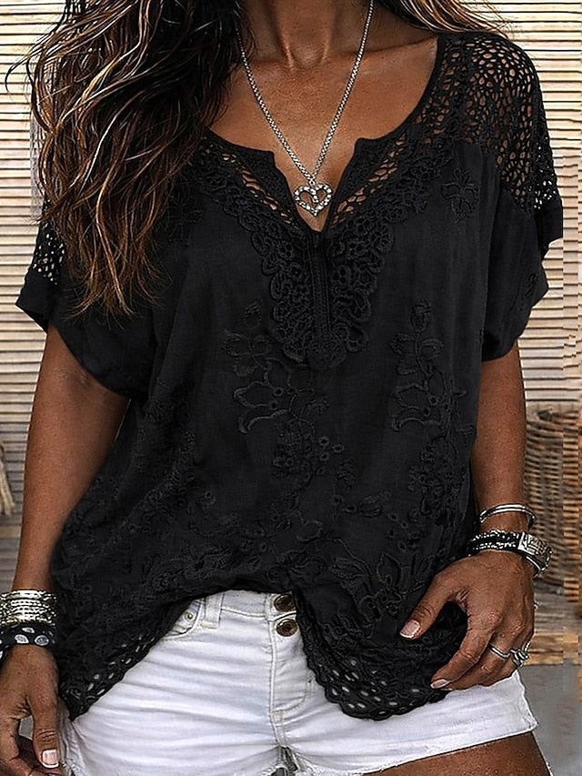 Blusa para mujer con encaje bordado y escote en V