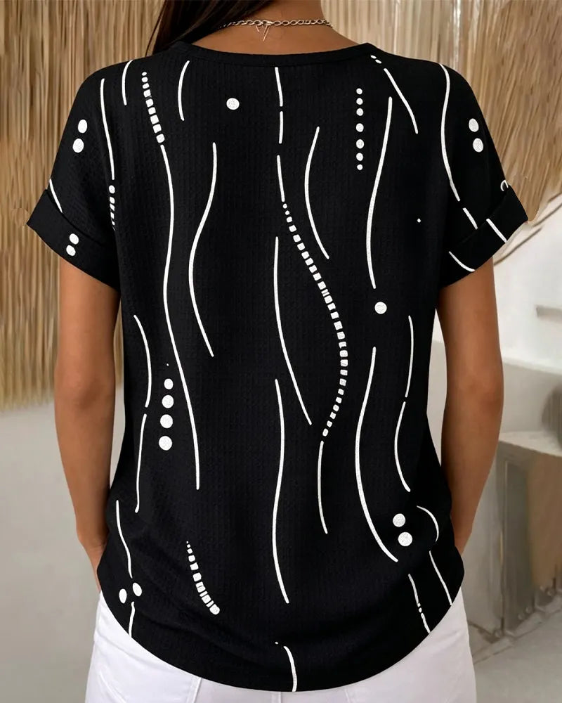 Camiseta de mujer de manga corta con estampado gráfico y botones