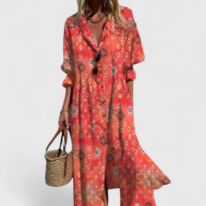 Vestido camisero maxi con estampado de hojas – Elegancia boho desenfadada