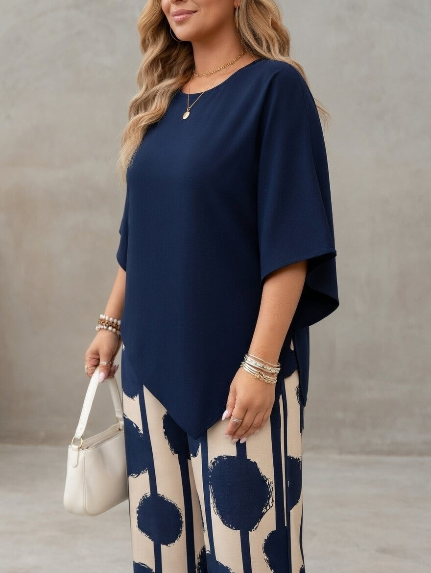 Conjunto de mujer con top asimétrico y pantalón estampado