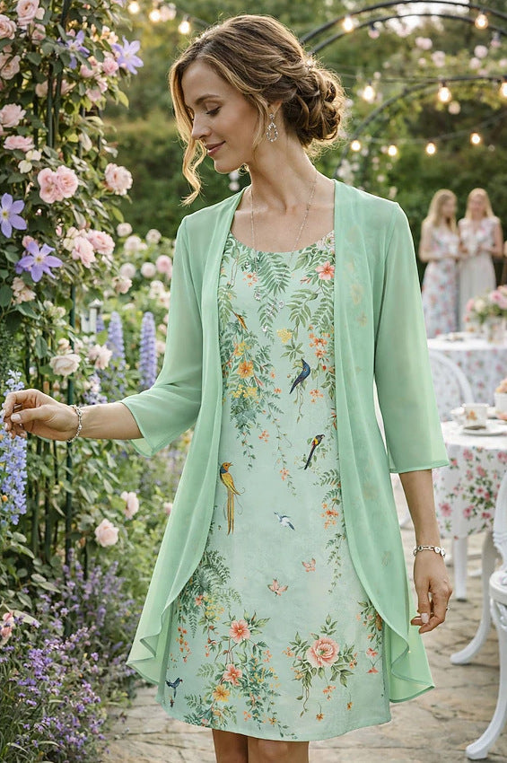 Conjunto de vestido floral para mujer con cárdigan ligero