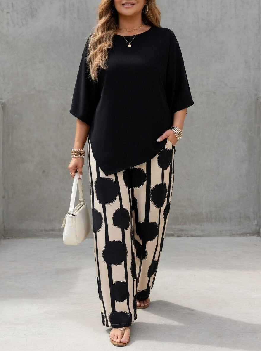 Conjunto de mujer con top asimétrico y pantalón estampado