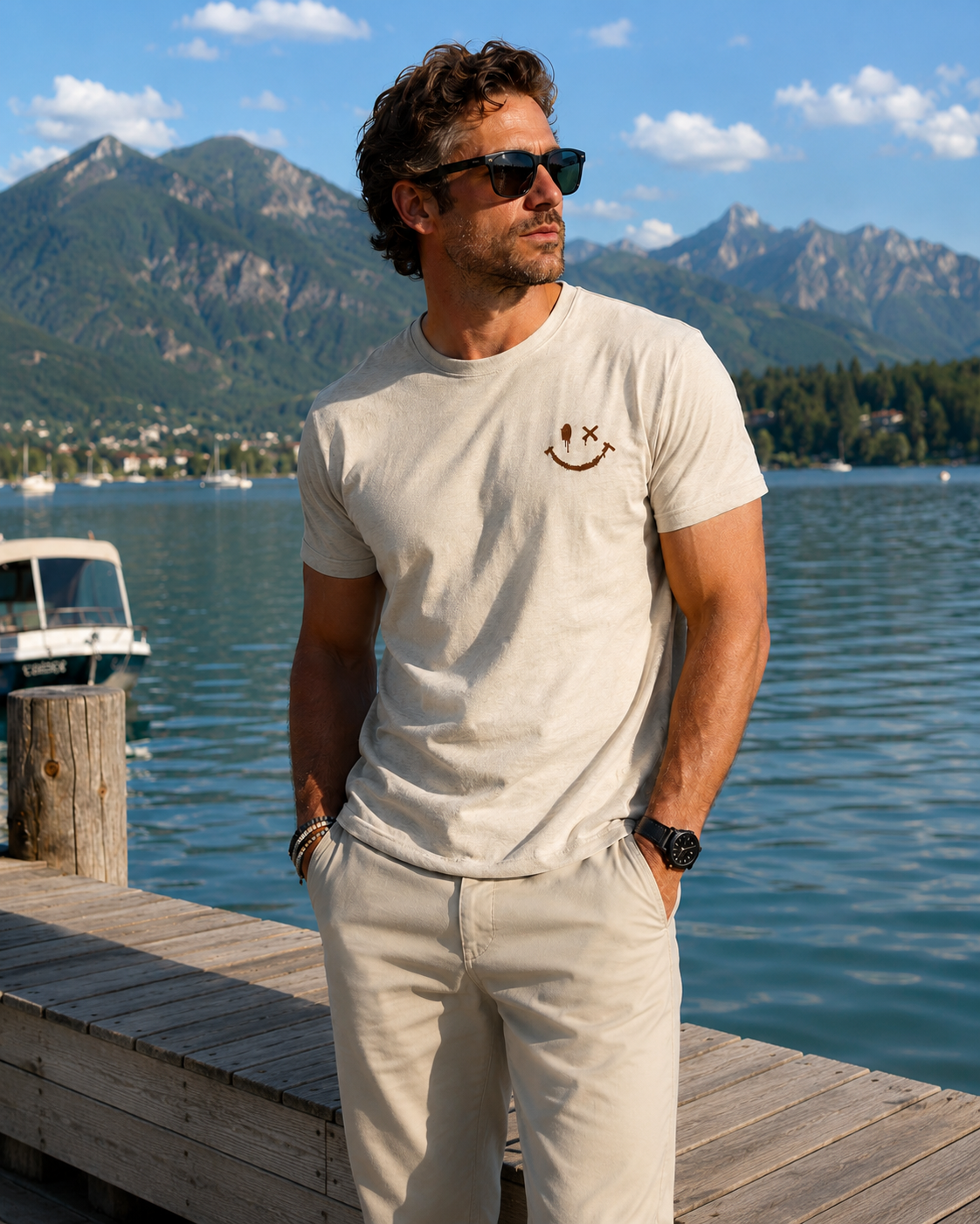 Camiseta de hombre verde con estampado smiley veraniego