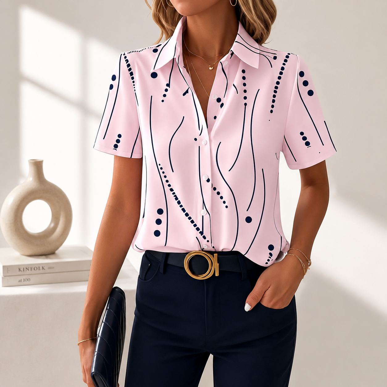 Blusa de mujer con estampado abstracto y cuello camisero