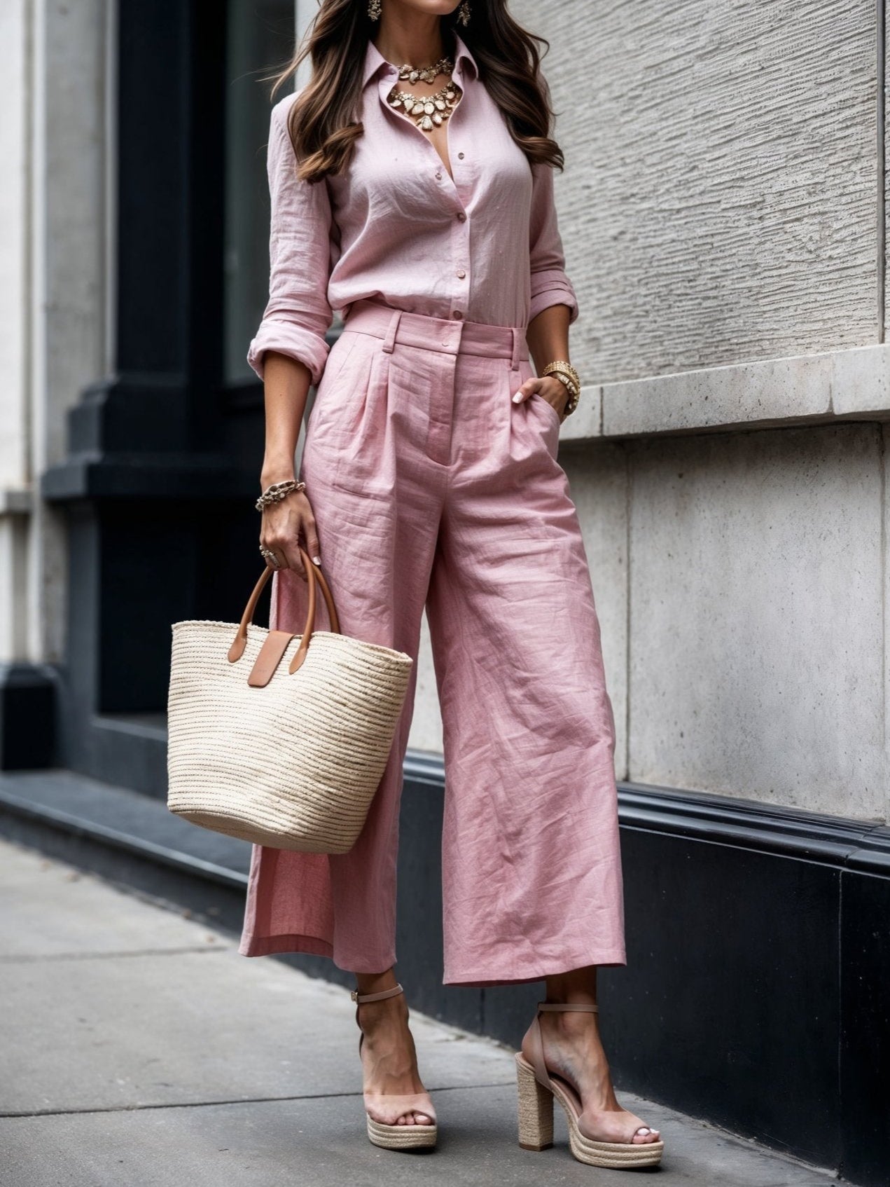 Conjunto de lino para mujer con blusa amplia y pantalón de pierna ancha