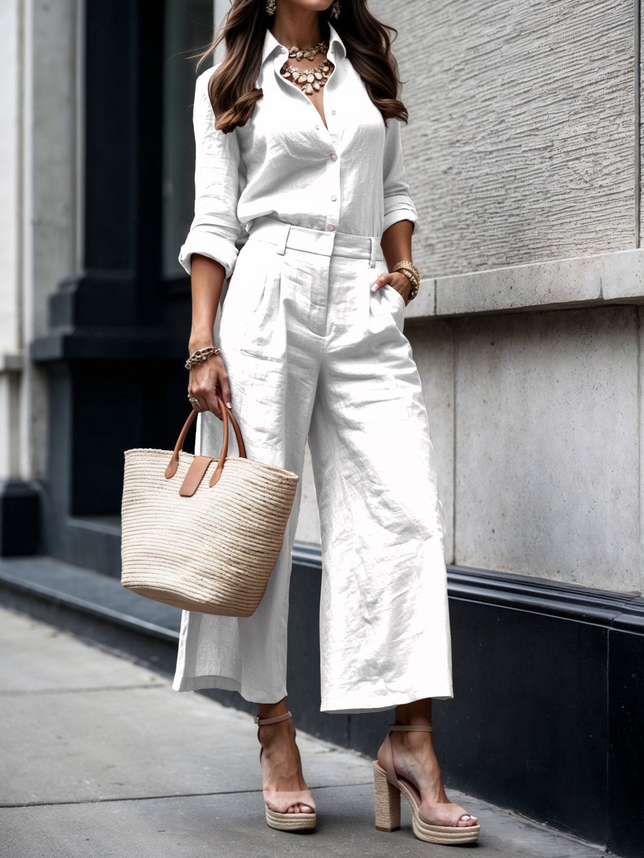 Conjunto de lino para mujer con blusa amplia y pantalón de pierna ancha