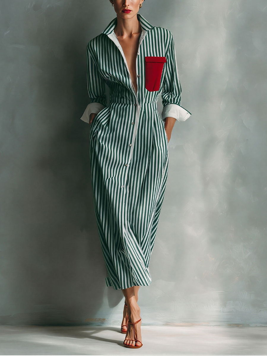 Brisa | Vestido camisero de rayas con bolsillo en el pecho