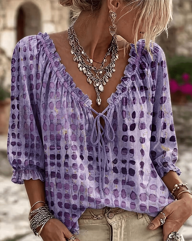 Blusa mujer de lunares con escote en V y cordón ajustable