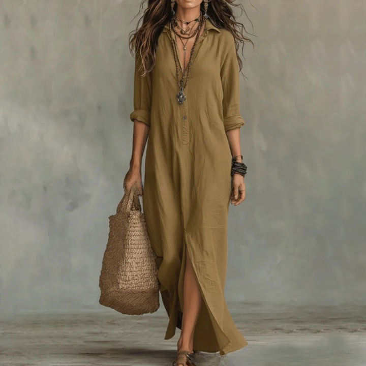 Vestido camisero informal de mezcla de lino con tapeta de botones y aberturas laterales