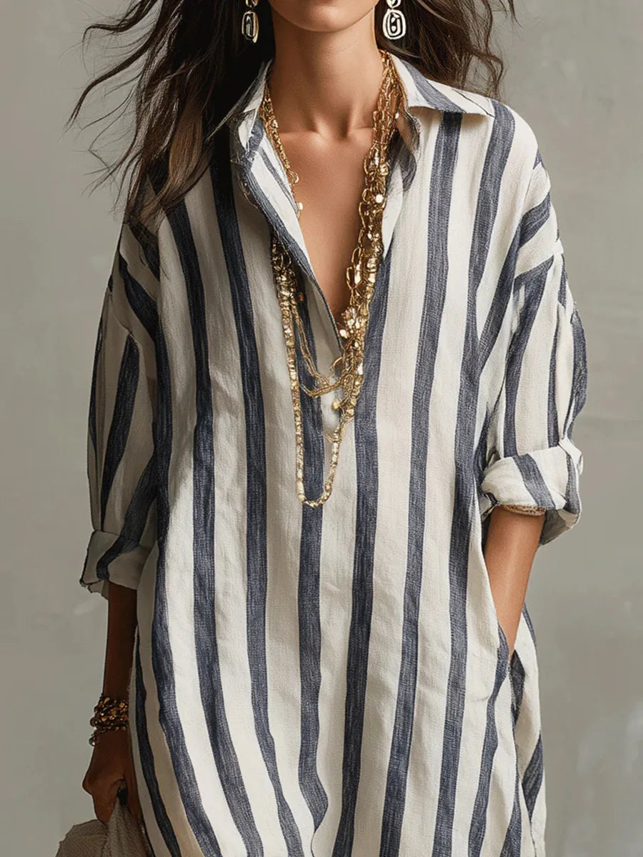 Vestido camisero maxi informal de rayas con bolsillos