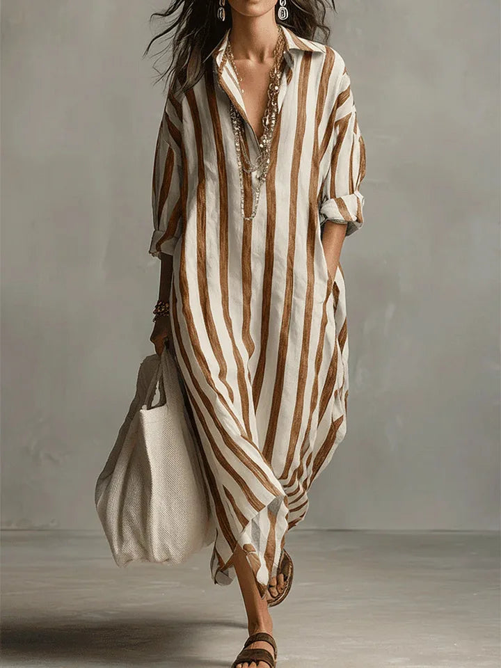 Vestido camisero maxi informal de rayas con bolsillos