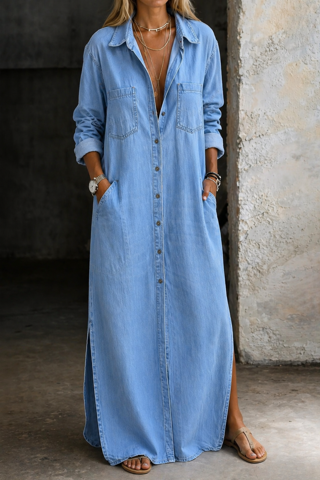 Delana | Vestido largo de mujer con cuello, botones y aberturas laterales