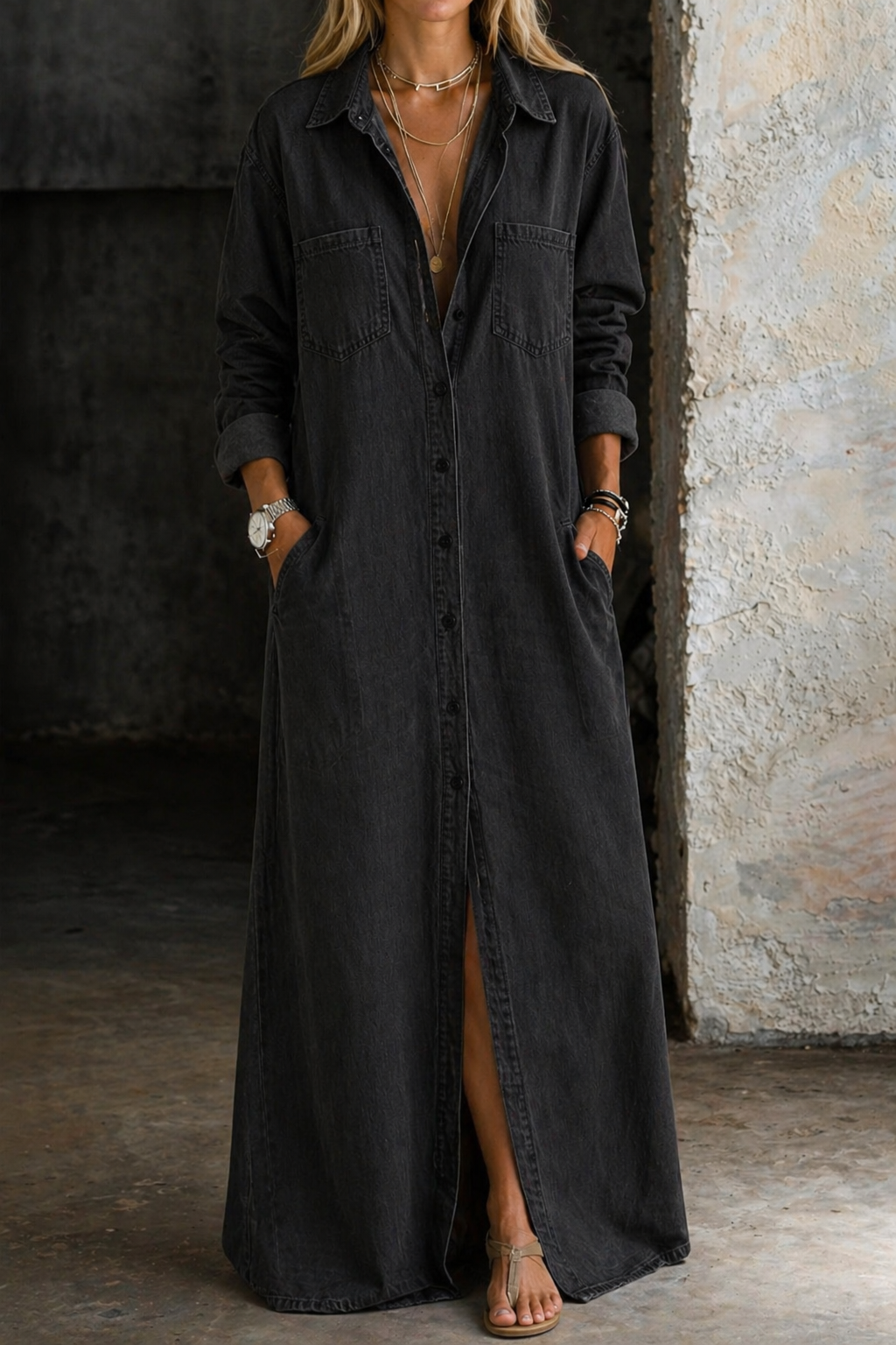 Delana | Vestido largo de mujer con cuello, botones y aberturas laterales