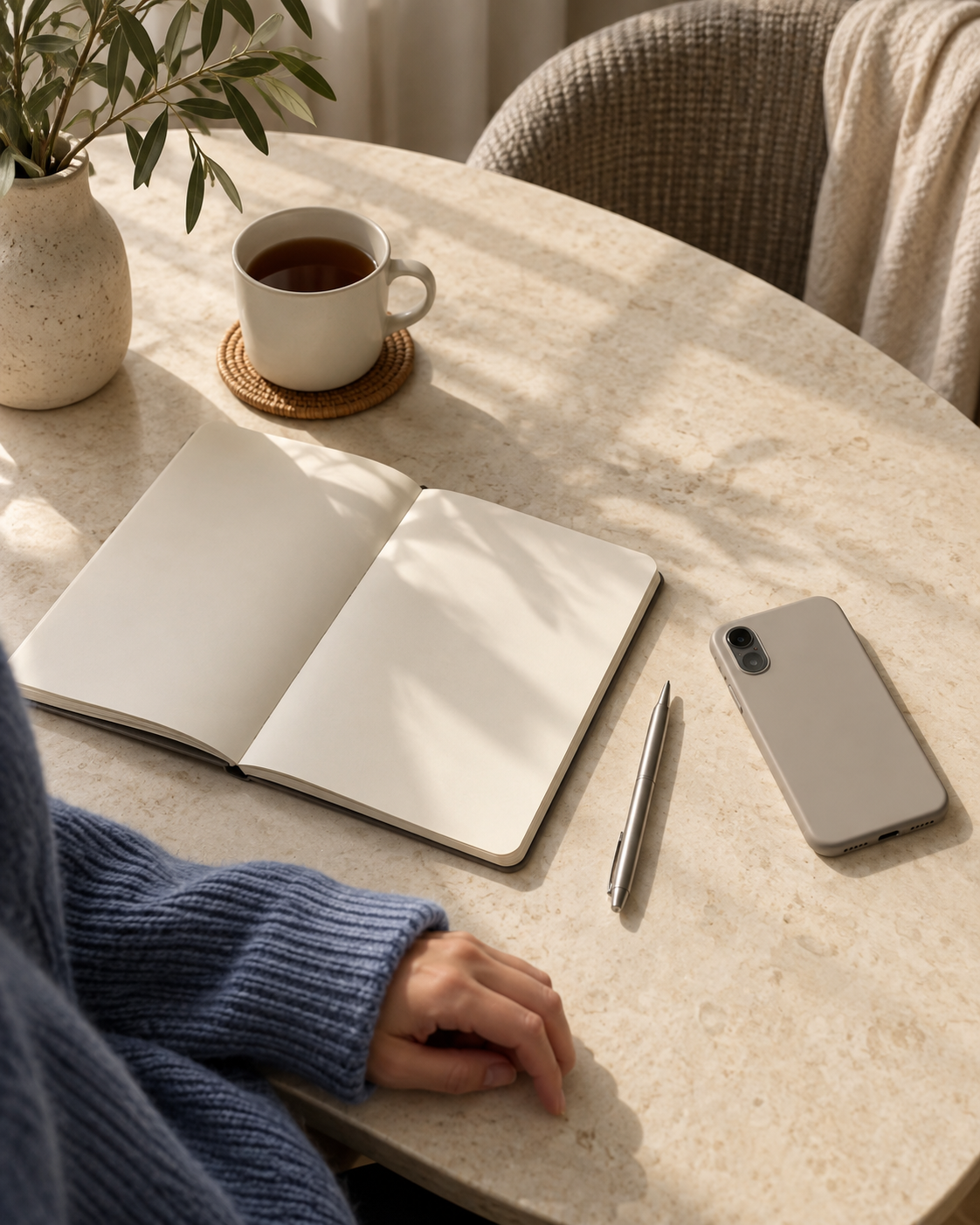 Composición editorial de un móvil, un cuaderno y una mano sobre una mesa.