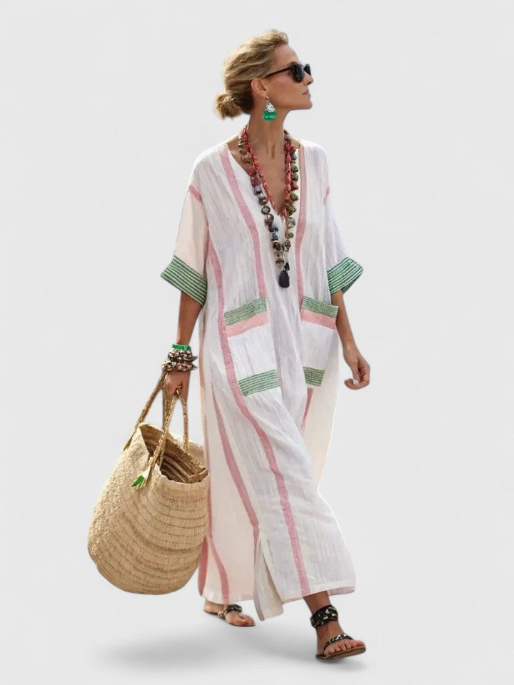 Noor | Vestido largo boho con ribete de rayas