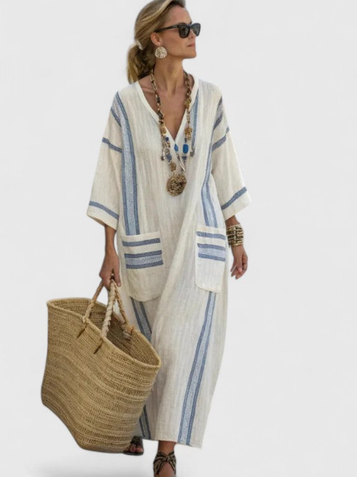 Noor | Vestido largo boho con ribete de rayas