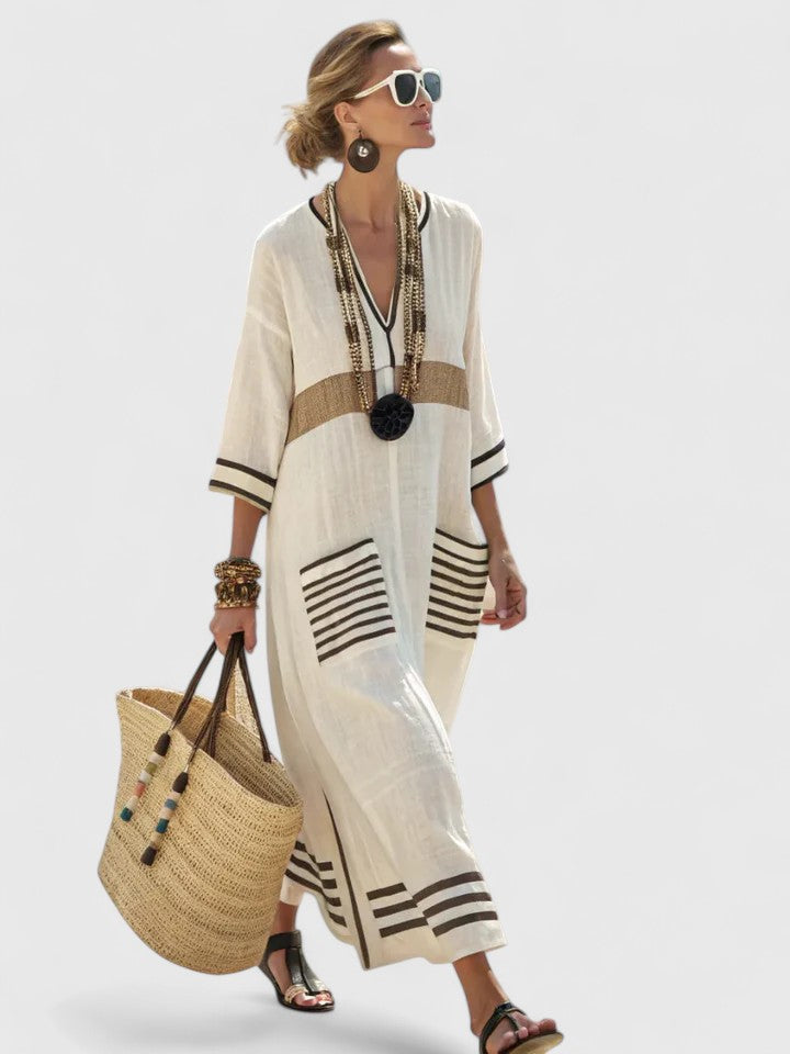 Noor | Vestido largo boho con ribete de rayas
