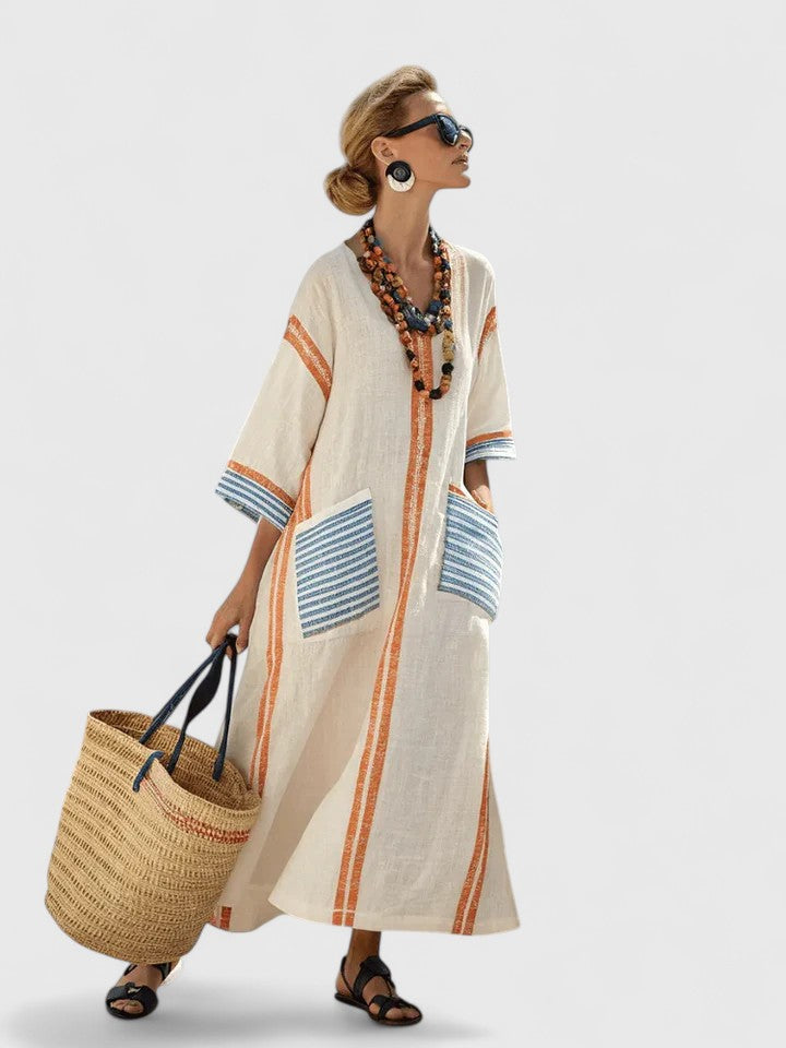 Noor | Vestido largo boho con ribete de rayas