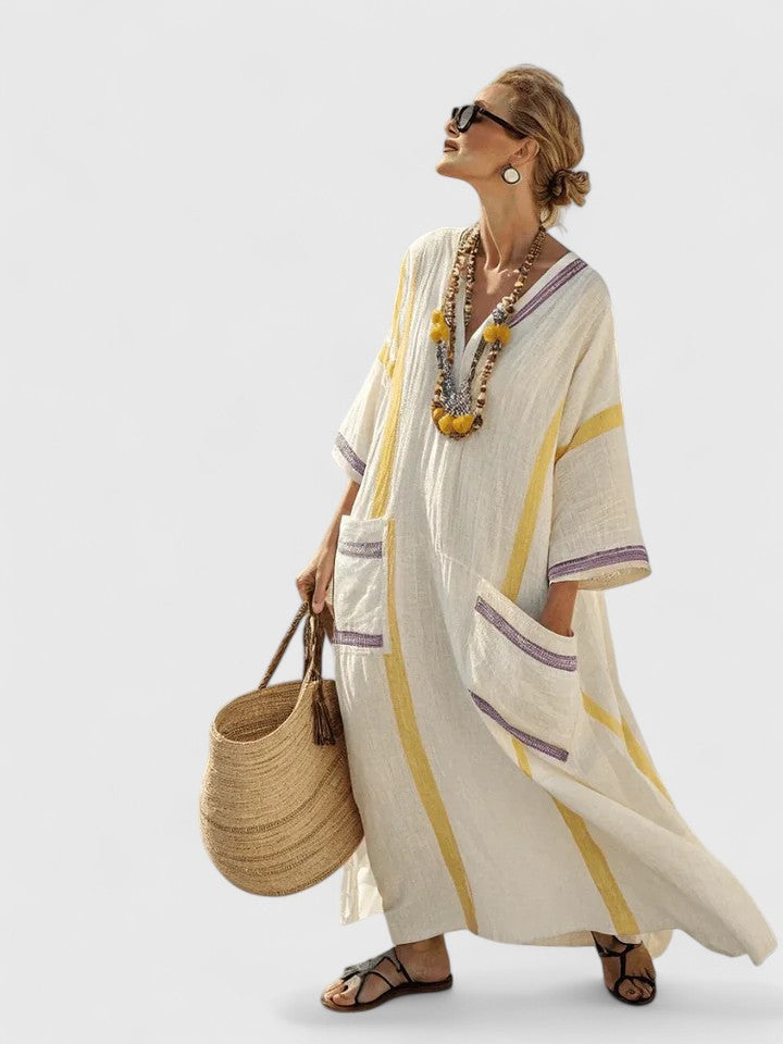 Noor | Vestido largo boho con ribete de rayas
