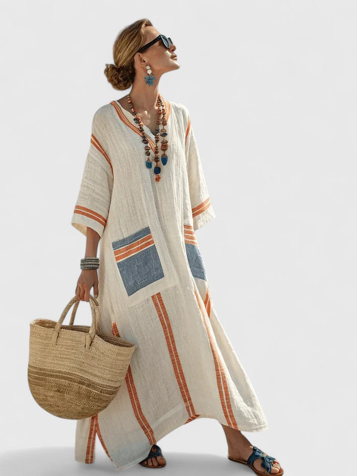 Noor | Vestido largo boho con ribete de rayas