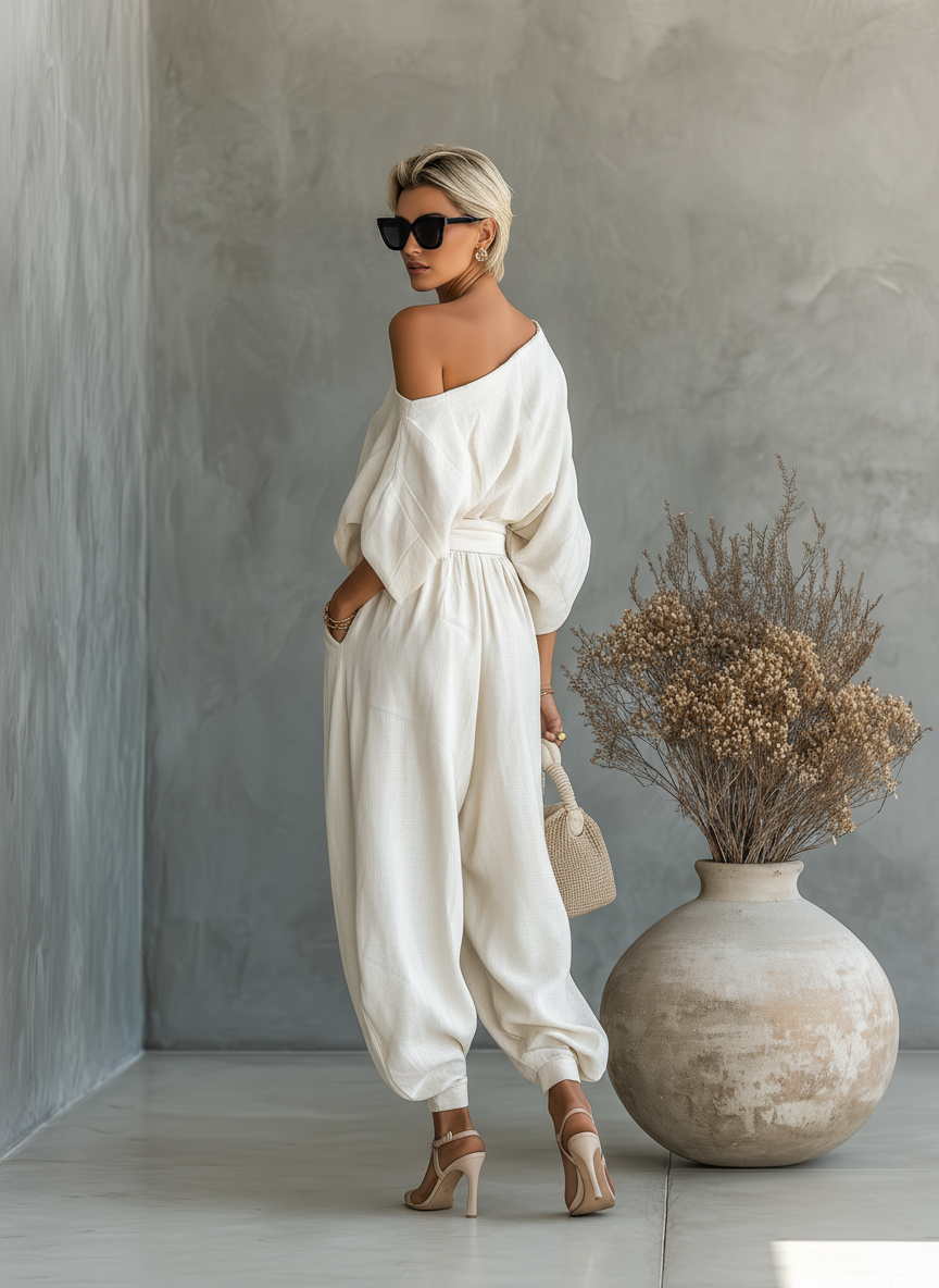 Rosalind | Conjunto de pantalón entallado con hombros descubiertos
