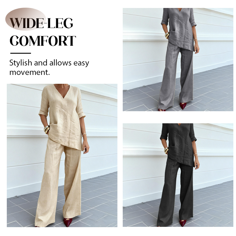 Conjunto de lino y algodón para mujer con pantalón ancho
