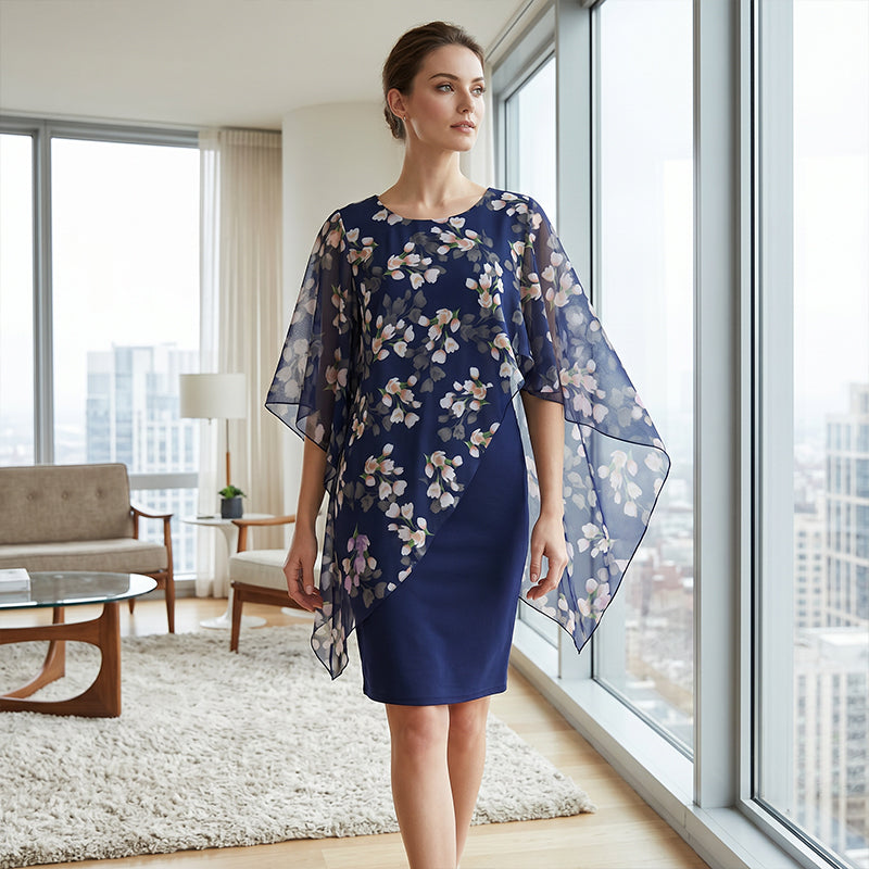 Conjunto de vestido para mujer con sobrecapa floral de chiffon