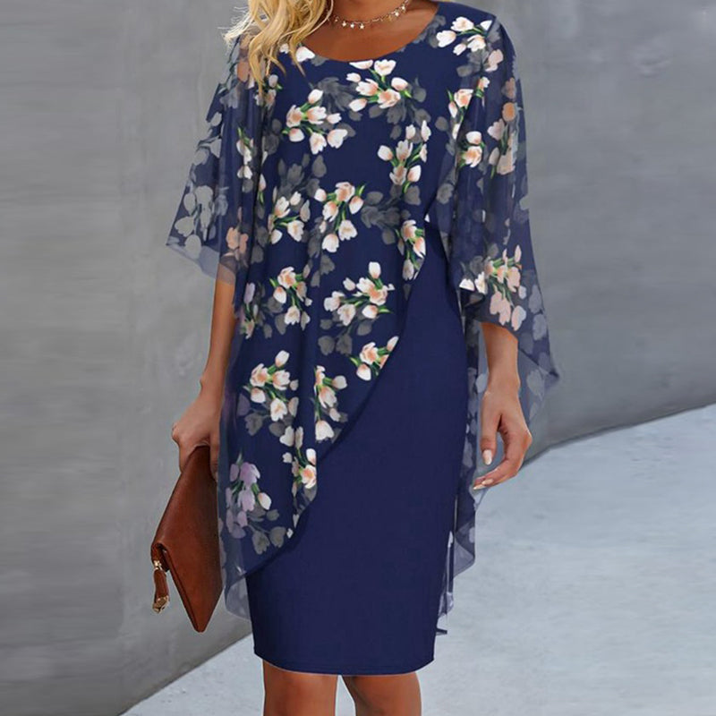 Conjunto de vestido para mujer con sobrecapa floral de chiffon
