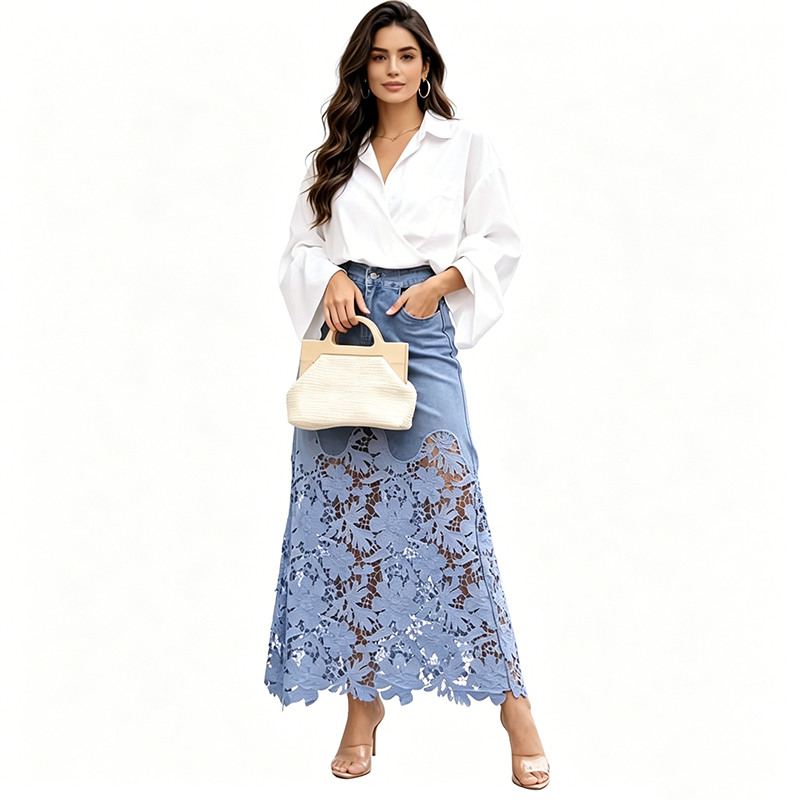 Falda de mezclilla larga para mujeres con borde de encaje floral
