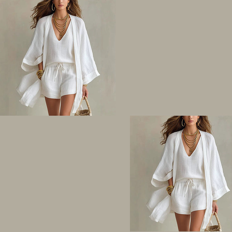 Conjunto mujer 3 piezas con kimono y short estilo resort