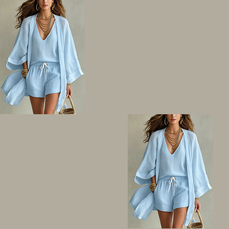 Conjunto mujer 3 piezas con kimono y short estilo resort