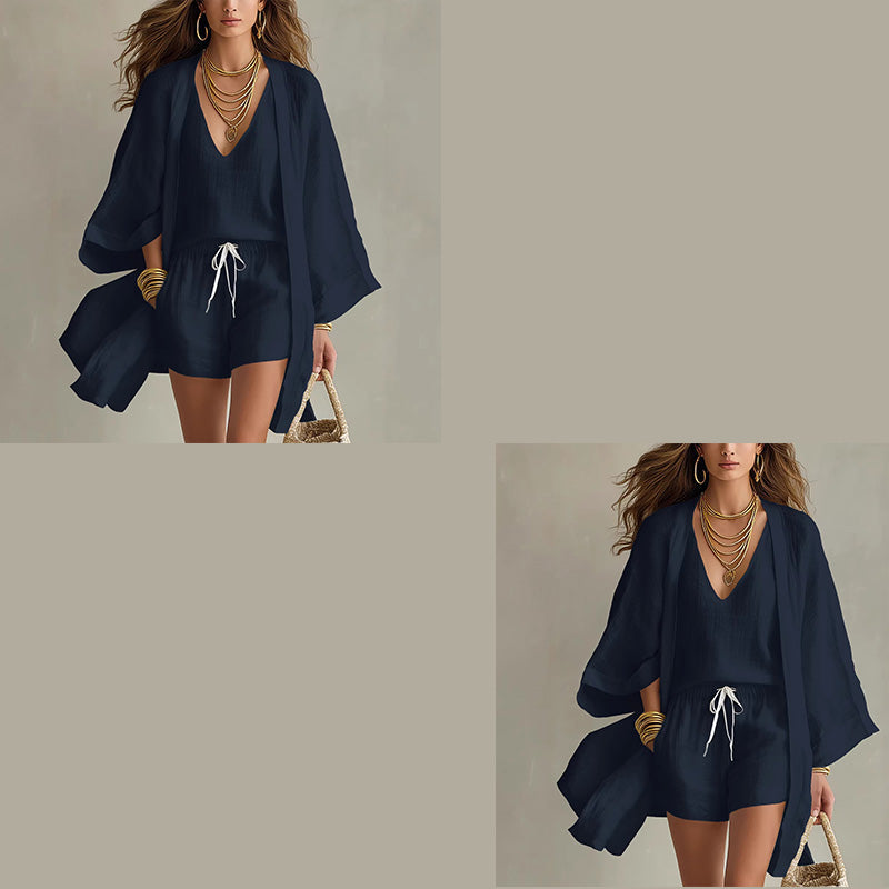 Conjunto mujer 3 piezas con kimono y short estilo resort