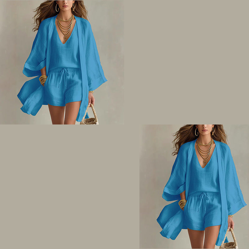 Conjunto mujer 3 piezas con kimono y short estilo resort