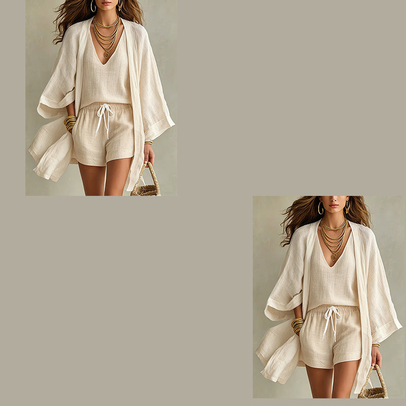 Conjunto mujer 3 piezas con kimono y short estilo resort
