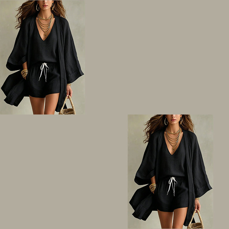 Conjunto mujer 3 piezas con kimono y short estilo resort