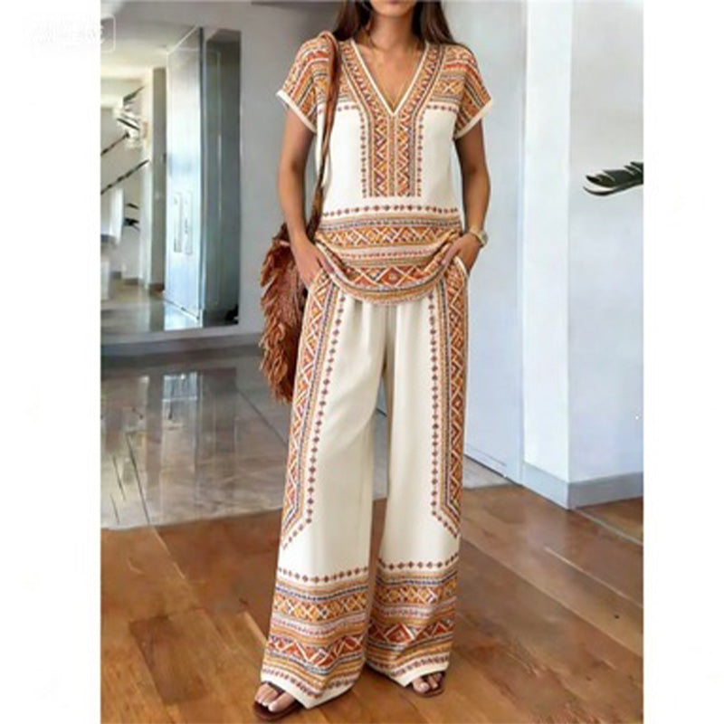 Conjunto de dos piezas para mujer con estampado bohemio y pantalón ancho