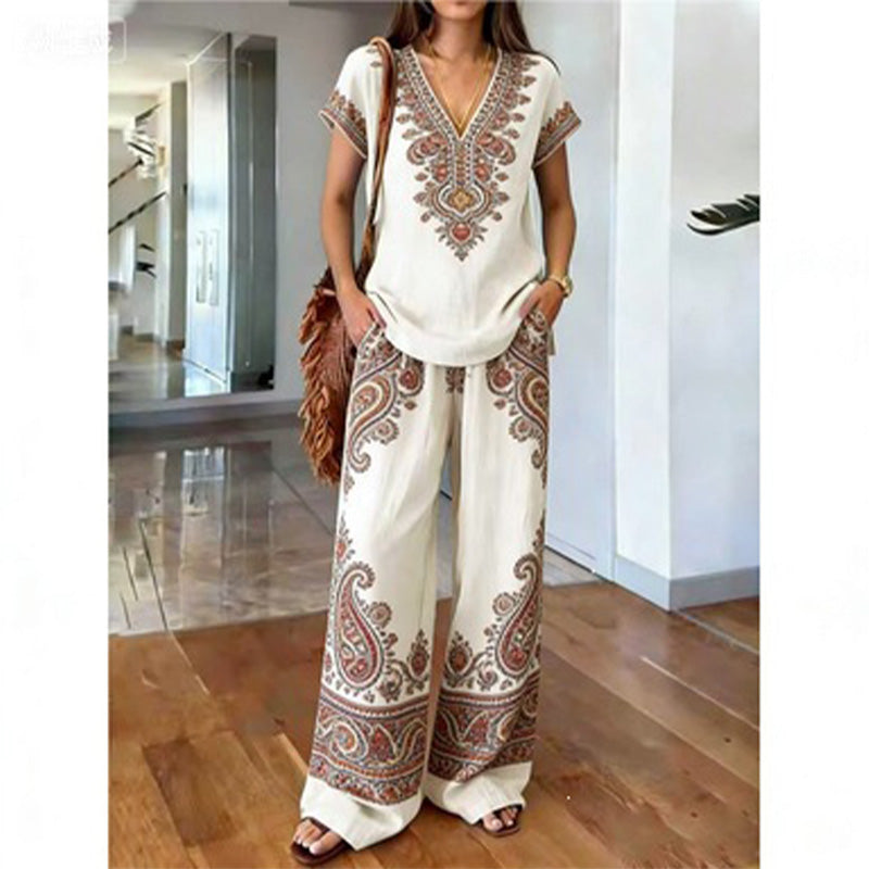 Conjunto de dos piezas para mujer con estampado bohemio y pantalón ancho