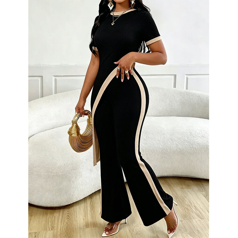 Conjunto de mujer asimétrico con pantalón acampanado de contraste
