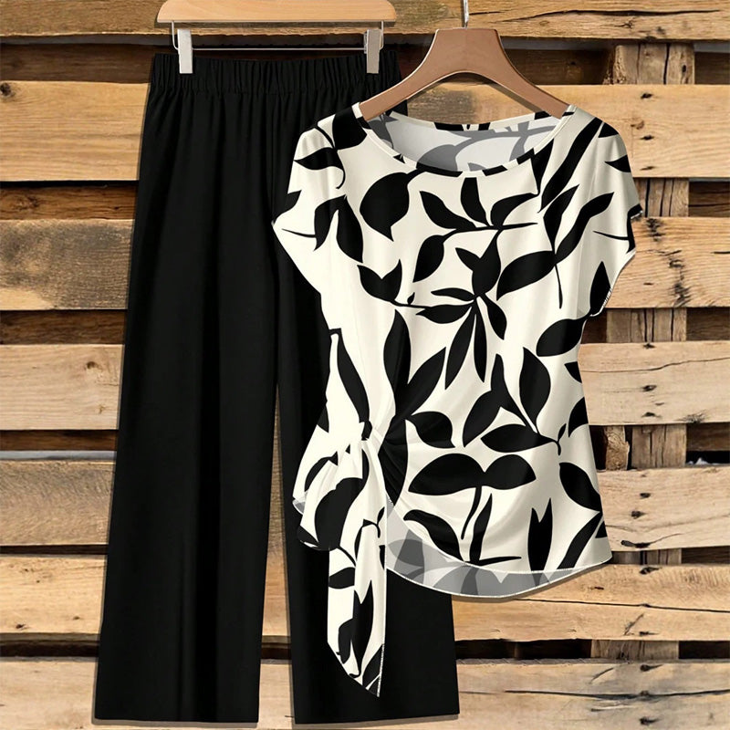 Conjunto de poliéster con top estampado y pantalón amplio chic