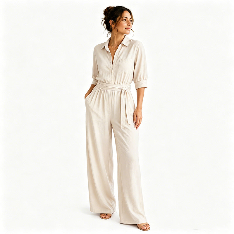 Mono camisero de mujer con cinturón y pantalón ancho