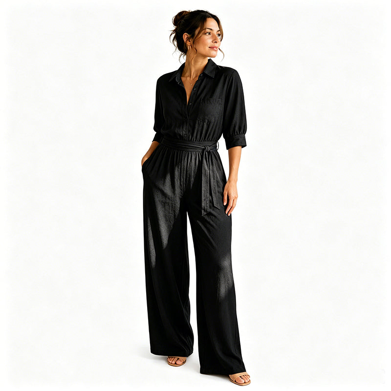 Mono camisero de mujer con cinturón y pantalón ancho