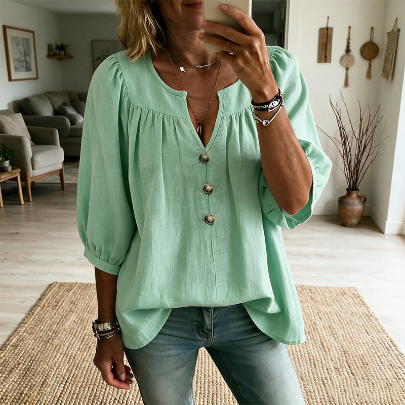 Blusa mujer con cuello en V, botones y mangas 3/4