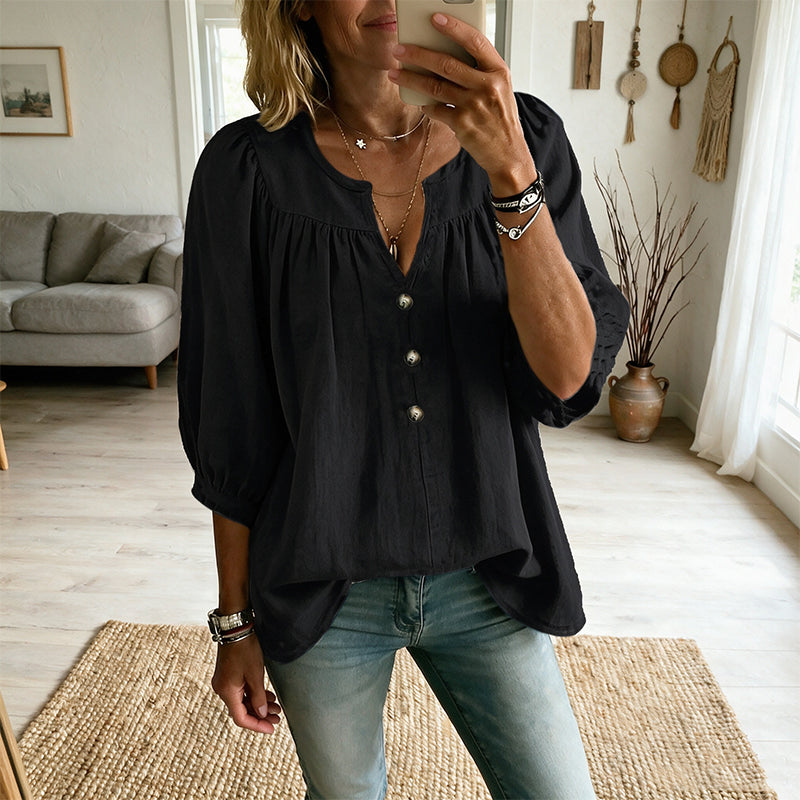 Blusa mujer con cuello en V, botones y mangas 3/4