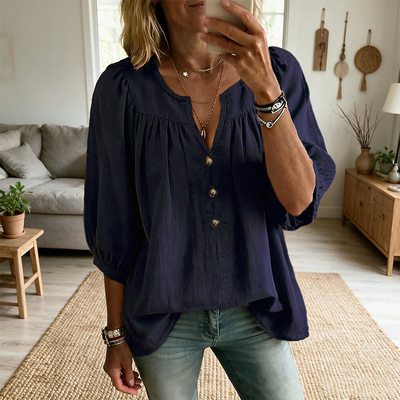 Blusa mujer con cuello en V, botones y mangas 3/4