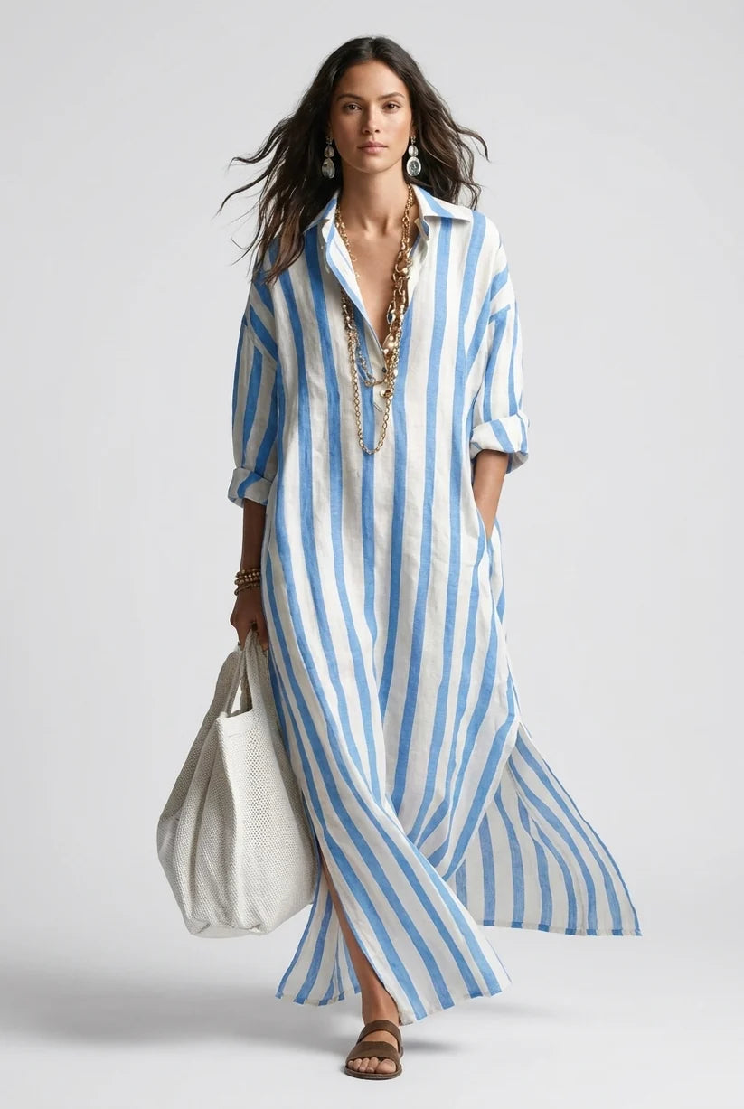 Vestido camisero maxi informal de rayas con bolsillos