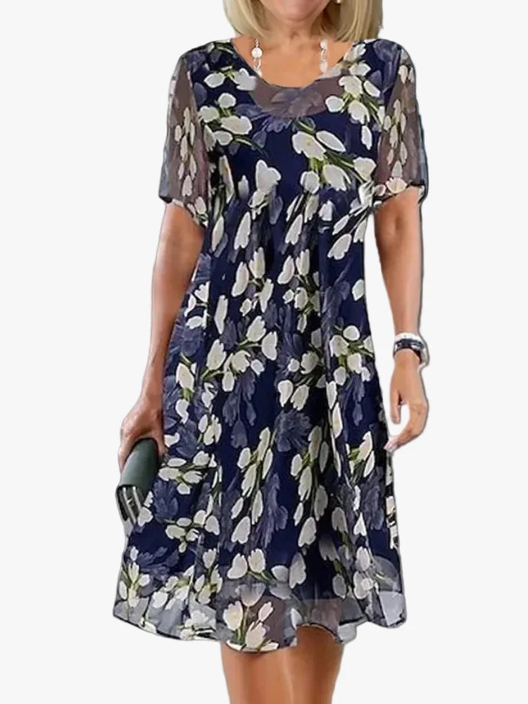 Vestido midi de tejido plano de corte evasé para mujer con escote en V y mangas hasta el codo