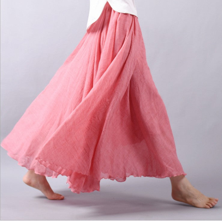 Falda maxi bohemia de lino para mujer con cintura elástica y bajo acampanado