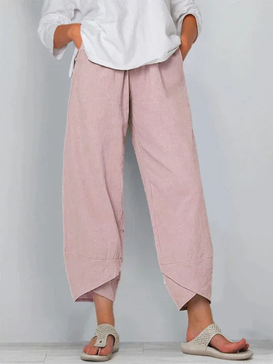 Pantalones casual de mezcla de lino para mujer con cintura elástica y bajo solapado