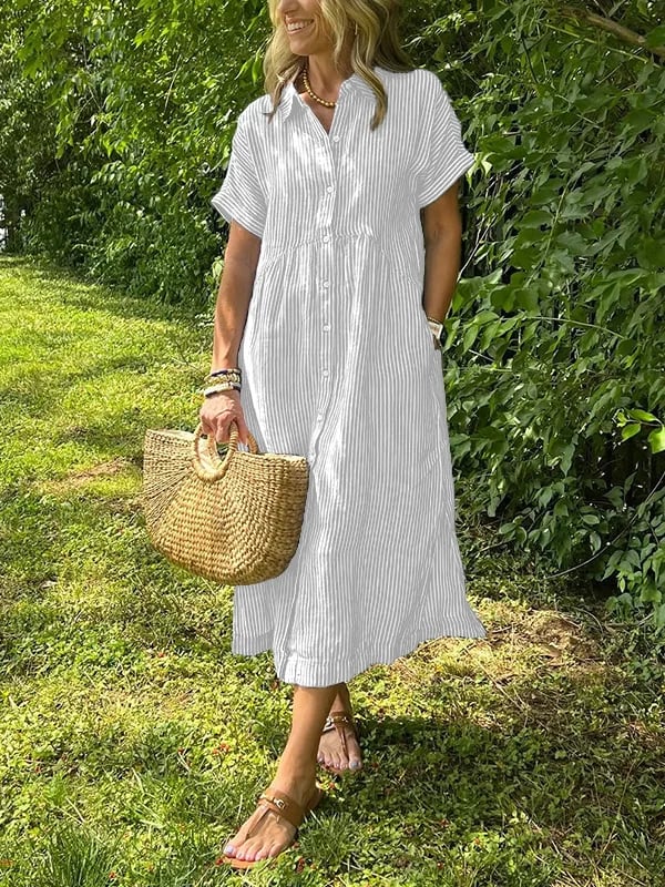 Vestido midi casual de tejido plano para mujer con cuello y tapeta de botones