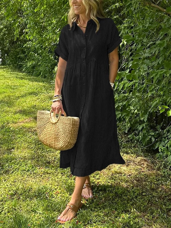 Vestido midi casual de tejido plano para mujer con cuello y tapeta de botones